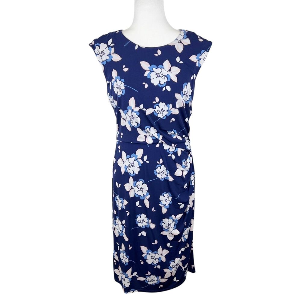 Eliza J Dress Women 10 Blue White Floral Allover Print Cap Sleeve Sheath Stretc